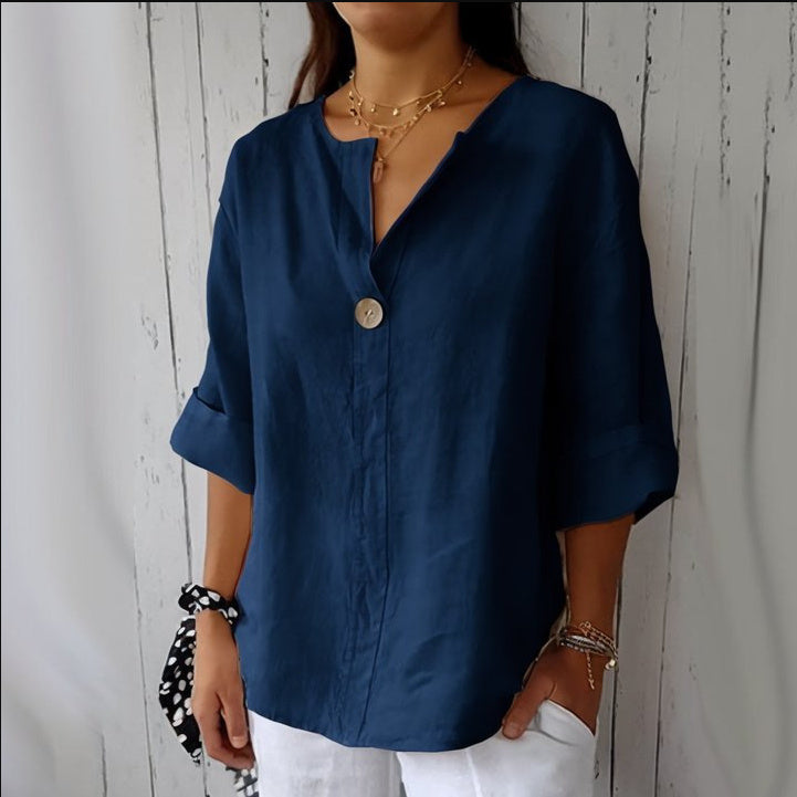 Blouse Décontractée Femme – Col V & Tissu Naturel