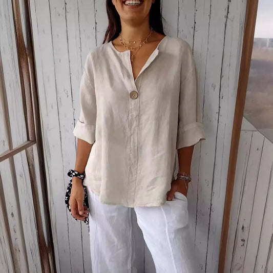Blouse Décontractée Femme – Col V & Tissu Naturel