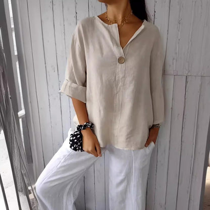 Blouse Décontractée Femme – Col V & Tissu Naturel